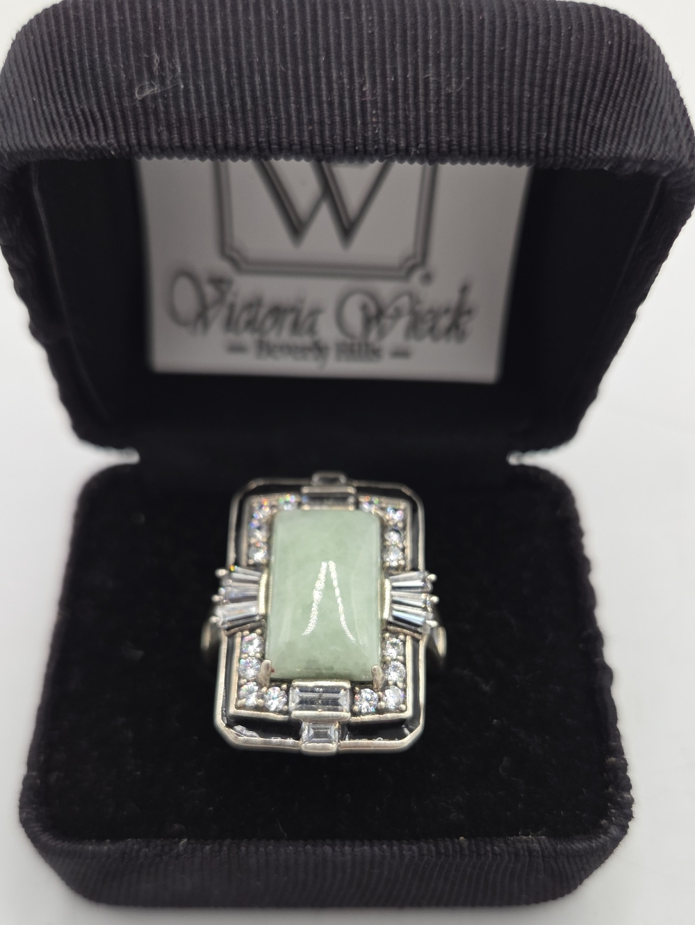 Victoria Wieck Light Green Jade and Crystal Sterling Silver Ring